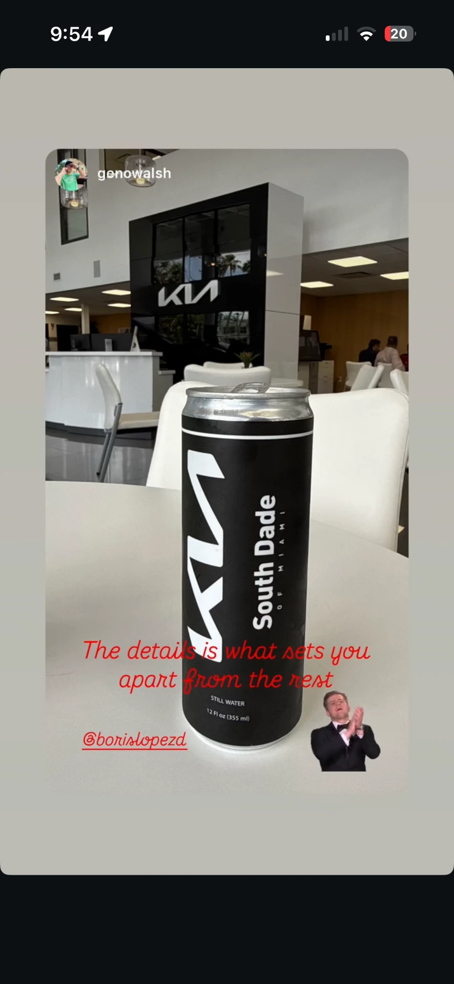 Instagram story posted by a Kia South Dade customer showing the custom matte-black Kia water can on a showroom table with the caption “The details is what sets you apart from the rest.”